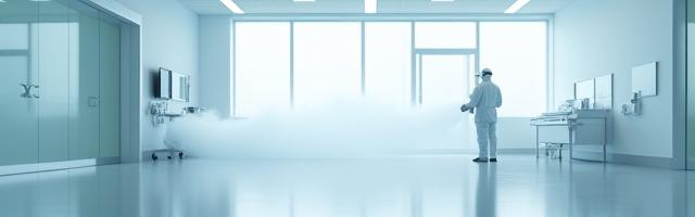 A mist of sanitizing spray in a clean environment, representing sanitization services.